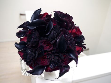 Black Wedding Bouquets | ... bouquet with black baccara roses black cosmos black dahlias and black Black Baccara Roses, Dark Bouquet, Handfasting Ideas, Red Rose Arrangements, Black Calla Lily, Halloween Weddings, Dream Dark, Black Bouquet, Dark Purple Flowers