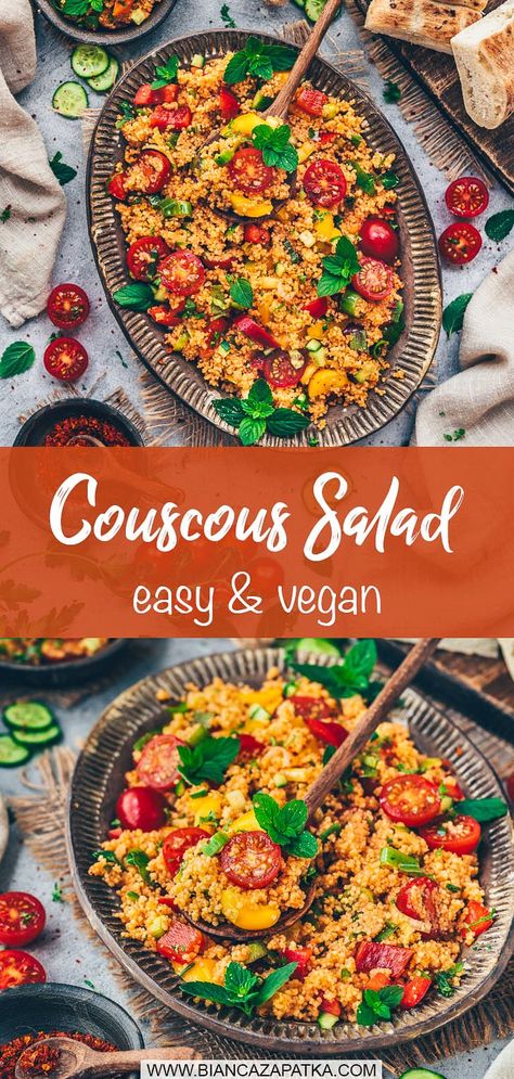 How to make the best couscous salad - This quick & easy recipe is healthy, vegan, tasty and perfect as a side dish for a barbecue summer party. #couscous #salad #veggies #vegetables #easyrecipes #summer #vegan #vegetarian #recipes #food #tomato #healthyrecipes | biancazapatka.com Vegan Recipes With Couscous, Vegan Couscous Salad, Vegan Cous Cous Recipes, Couscous Salad Vegan, Vegan Cheesecake Easy, Summer Couscous, Whole Foods Couscous Salad Recipe, Vegan Halloumi, Curried Rice Salad