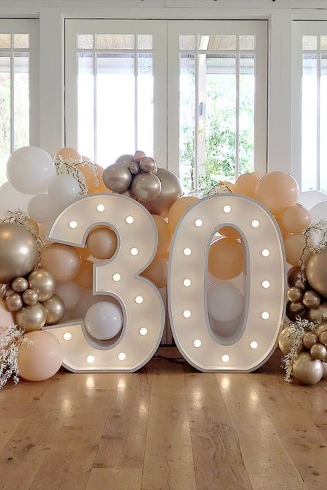 Celebrate your 30th birthday with this stunning Blush and Gold photo backdrop. Event styling and decor at its best and the ultimate event and birthday party inspo. Light up 30 numbers by Big Light Letters and balloon garland by Print Candy www.printcandy.com // Venue: Howard Smith Wharves, Brisbane, AU // Photo by Print Candy. All rights reserved. May not be reproduced. Blush And Gold Birthday Party Decor, Blush Birthday Decor, 30th Birthday Party Backdrop, 30th Balloon Garland, 30th Birthday Ideas Decorations, 30 Balloon Garland, Blush And Gold Party Decor, 30th Birthday Party Table Decor, 30th Birthday Balloon Garland