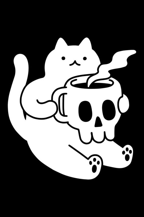 Coffee Skull Art, Funny Coffee Illustration, Dog Drinking Coffee Illustration, Cat Drinking Coffee Illustration, Cat Coffee Illustration, Coffee Illustration Artworks, Cat Coffee Art, Misfits Tattoo, Cat Drinking Coffee