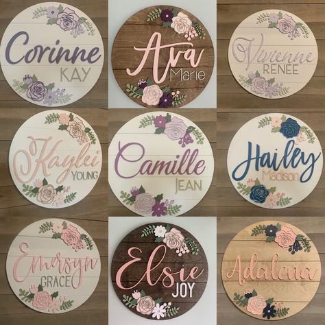 "This round name sign features a ship lap style backboard and layered floral detail.   Designed to be a focal piece of decor in a child's room or nursery.   It makes a stunning baby shower gift.  It will be a distinctive piece of nursery wall art now and the quality craftsmanship will lend it to become a family heirloom for years to come.   Choose your text, colours and font to create a one of a kind piece that represents your child, your decor and your story.  We love working with you to create Wood Baby Name Sign, Baby Girl Sign, Modern Baby Names, Rose Nursery, Wooden Name Signs, Girl Sign, Unique Baby Names, Baby Girl Shower Gifts, Baby Name Signs