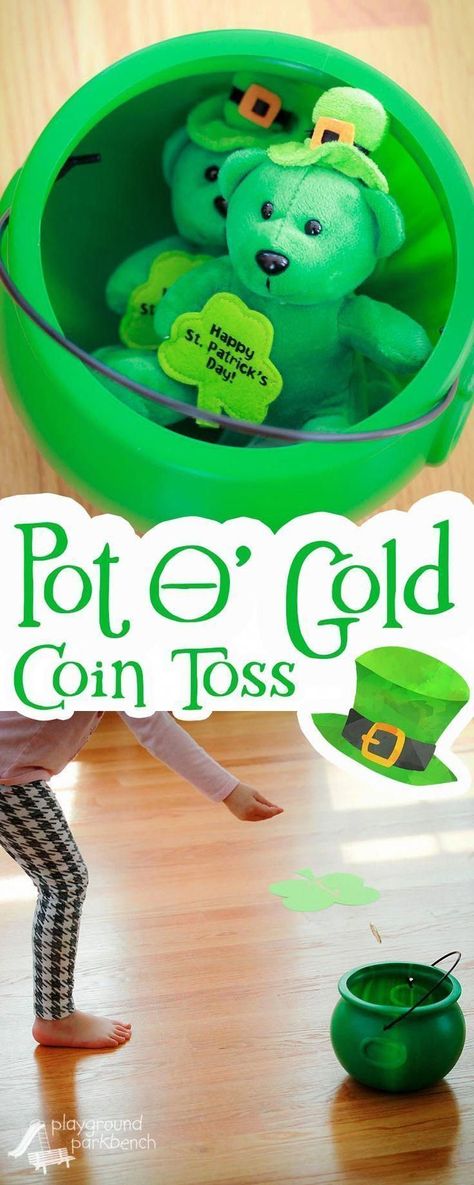 Need a quick and easy St. Patrick's Day game sure to please kids and grown ups too? This Pot O' Gold Coin toss is a crowd pleaser with enough challenge for adult party-goers, while also engaging gross motor skills for kids! | Party Games | Games for Kids | St. Paddy's Day | Kids Activities | Preschool | #mathforadults Sant Patrick, Skills For Kids, Coin Toss, Coin Games, St Patricks Day Crafts For Kids, March Activities, St Patrick Day Activities, Gross Motor Activities, St Patrick's Day Crafts