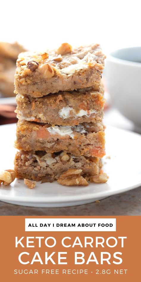 Close up shot of sugar free keto carrot cake bars in a stack on a white plate. Keto Carrot Cake Cream Pies, Keto Carrot Cheesecake Recipe, Carrot Keto Recipe, Keto Carrot Cake Cheesecake, Keto Carrot Cream Pies, Keto Carrot Cake Bars, Carrot Cake Keto, Easy Keto Easter Desserts, No Bake Carrot Cake Bars