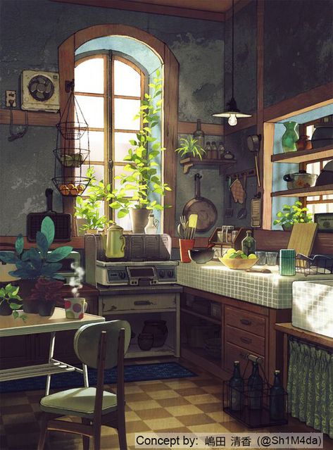 She And Her Cat, Interior Concept Art, Ffxiv Housing, Kitchen Drawing, Housing Ideas, Bg Design, Kitchen Concepts, Environment Design, Dreamy Art