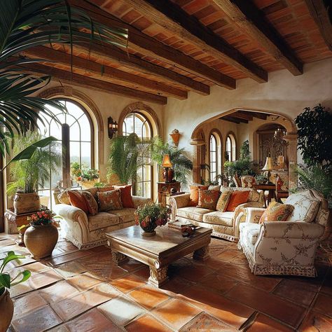 Creating Your Dream Mediterranean Style Living Room • 333+ Images • [ArtFacade] Inside Mediterranean Homes, Italian House Living Room, Meditterean Living Room Decor, Living Room Designs Italian Style, Mediterranean Sunroom Ideas, Spanish Villa Interior Living Room, Meditteranean Home Decor Living Room, Spanish Interior Design Living Room Hacienda Style, Spanish Style Home Living Room