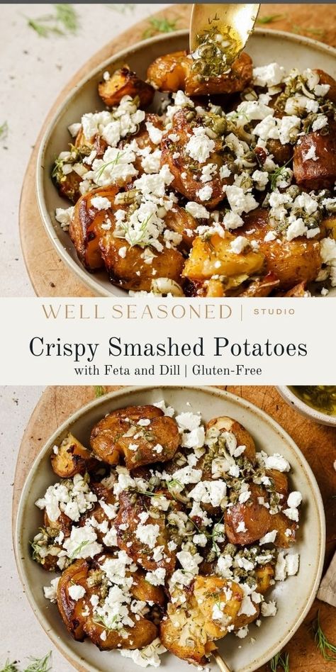 There is nothing more satisfying that hearing a loud crunch when you bite into a potato. These Crispy Smashed Potatoes will not disappoint! Parboil potatoes until softened, then smash and roast at a high temperature until crispy on the outside, but tender inside. Serve with feta cheese, fresh dill, and a drizzle of a quick dressing made with capers and olive oil. #wellseasonedstudio #smashedpotatoes #potatorecipe #feat Dill Smashed Potatoes, Smashed Potato Bites, Potatoes With Feta, Roasted Smashed Potatoes, Burger Side Dishes, Dill Potatoes, Roasted Potato Wedges, Smashed Potatoes Recipe, Creamy Dill Sauce