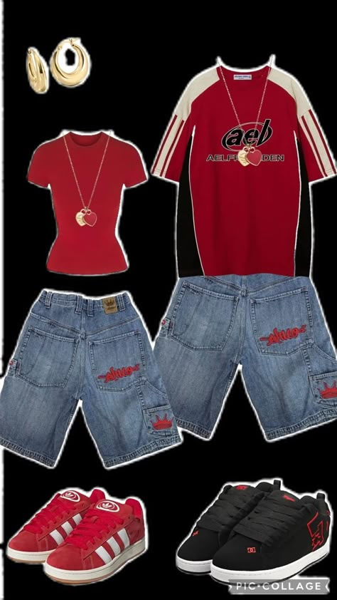 Red Football Jersey Outfit, Black Jorts Outfits, Jorts Womens Fit, Football Tshirt Ideas, Coordinated Outfits, Japanese Couple, Couple Matching Outfits, Wine White, Couple Fits