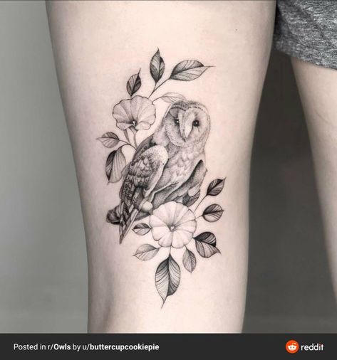 Upper Thigh Tattoos, Cute Owl Tattoo, Small Neck Tattoos, Neck Tattoos Women, Wildflower Tattoo, Owl Tattoo Design, Petite Tattoos, Floral Tattoo Design, Thigh Tattoos Women