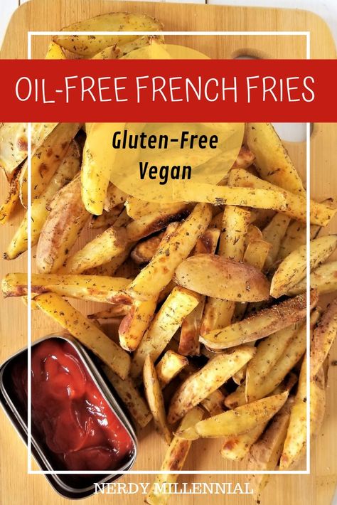 These oil-free french fries are a great example of the role that potatoes can play in a healthy diet. They're seasoned, oven baked, naturally gluten free, vegan, and plant based. No Oil French Fries, Oil Free Fries, Vegan French Fries Recipe, Vegan French Fries, French Fries In The Oven, Gluten Free French Fries, Starch Diet, Vegan Potatoes, Lunch Board