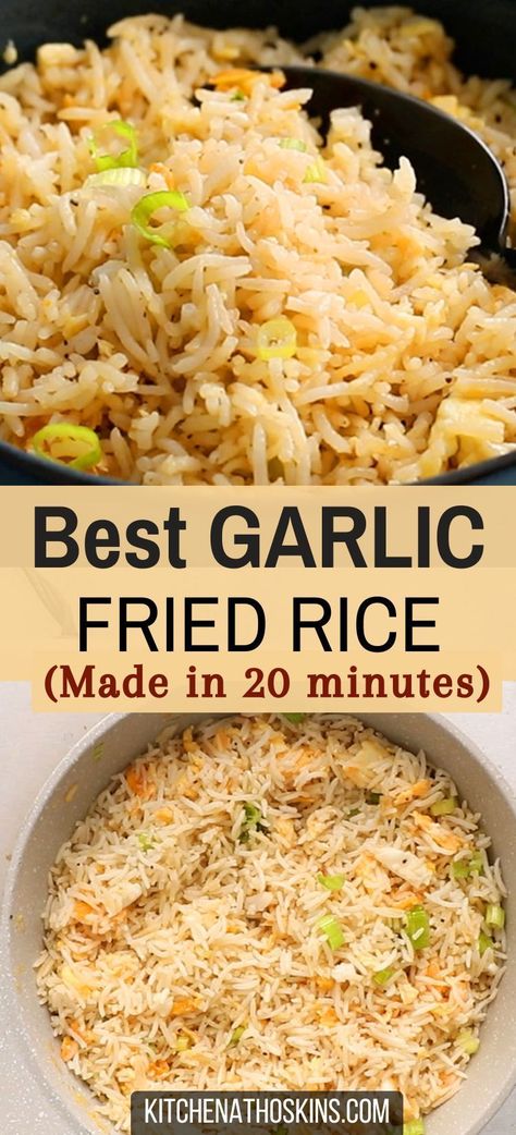 Learn how to make easy garlic fried rice with crispy garlic that tastes like the ones you get in Filipino, Thai or Japanese restaurants. This fried rice recipe is made with leftover white basmati or Jasmine rice and is a garlic lovers dream. Get the best garlic fried rice recipe at kitchenathoskins.com. Easy Garlic Fried Rice, Best Jasmine Rice Recipe, Garlic Chicken Fried Rice, Leftover White Rice Recipes, Cooked Rice Recipes Leftover, Basmati Fried Rice, Basmati Rice Recipes Easy, Garlic Fried Rice Recipe, Instant Rice Recipes