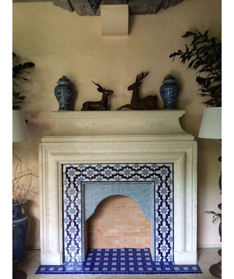 Moroccan Fireplace Ideas, Italian Fireplace Ideas, Talavera Fireplace, Turkish Fireplace, Spanish Tile Fireplace, Blue Tile Fireplace, Moroccan Tile Fireplace, Mexican Tile Fireplace, Mexican Fireplace