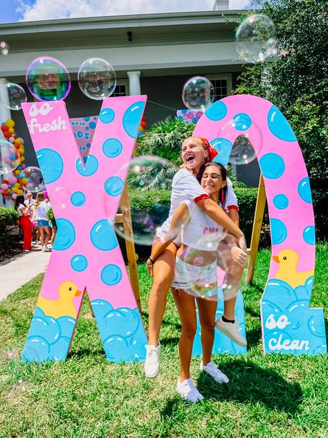 Bubble Bid Day, Bubble Bid Day Theme, Unique Bid Day Themes, Preppy Sorority, Sorority Themes, Recruitment Themes, Recruitment Ideas, So Fresh So Clean, Letter Designs