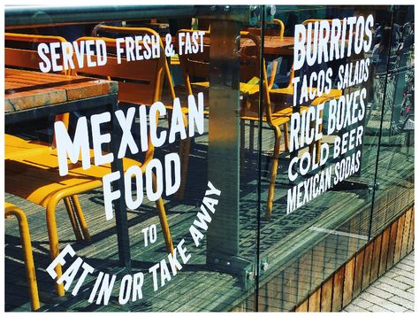 Restaurant Environmental Graphics, Restaurant Window Design, Restaurant Plans, Mission Burrito, Window Marketing, Window Ads, Restaurant Window, Window Graphic, Window Wrap