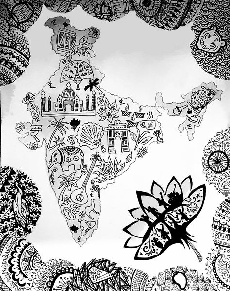 India Patriotism Art, India Illustration Doodles, India Doodle Art, India Doodle, Patriotism Art, Peacock Mandala Art, Maps Aesthetic, Mehandhi Designs, Anime Face Drawing