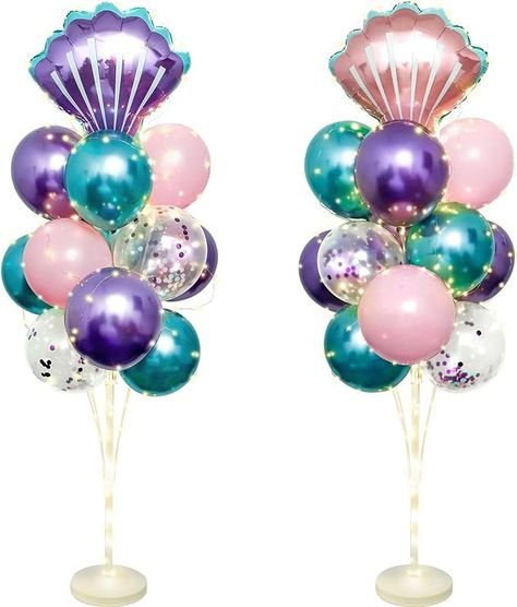 Amazon.com: 2 Set Mermaid Balloon Stand Kit for Floor with Lights, 32Pcs Sea Shells Foil and Latex Confetti Balloons Column Holder Tower Centerpieces for Mermaid Sea Beach Theme Birthday Party Decorations : Toys & Games Mermaid Centerpiece Ideas, Little Mermaid Party Decorations, Mermaid Centerpiece, Beach Theme Birthday Party, 18th Ideas, Mermaid Baby Shower Theme, Beach Theme Birthday, Mermaid Pool Parties, Balloon Stand