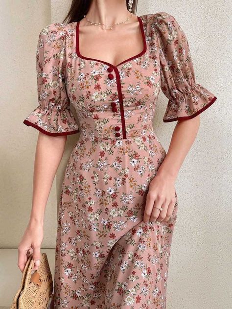 Floral Dress Outfits, Beautiful Casual Dresses, Desi Fashion Casual, Fashion Sketches Dresses, Modest Dresses Casual, Dress Design Patterns, Rose Bonbon, Designer Dresses Casual, Bubble Sleeve