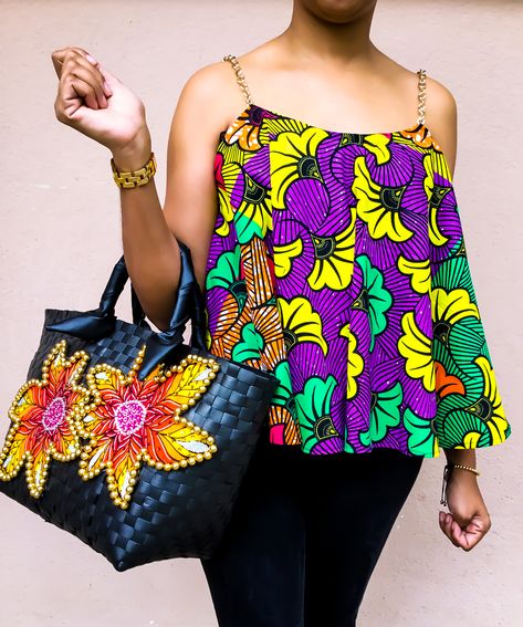 Enjoy african fashion with Mapapa’s Golden chains tank top in african prints. Accessorized with an Embellished basket. shop them now on www.mapapas.com #TankTop #Fashion #Fashionable #Wax #AfricanPrints #Ankara #AfricanFabrics #Prints #Handmade #AfricanFashion #Accessories Chitenge Tops, Womens Printed Tops, African Tops, African Print Tops, Beach Tanks Tops, Casual Summer Wear, Afrikaanse Mode, African Fashion Modern, Relaxed Outfit