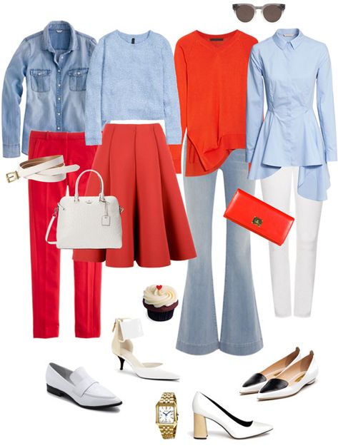 Ensemble: Tomato Red, Light Blue & White Blue White Red Outfit, Tomato Red Color Combination, Red And Light Blue Outfit, Blue And Red Outfit Women, Light Blue Color Combinations Outfit, Light Blue Color Combinations, Light Blue Top Outfit, Light Blue Blouse Outfit, Light Blue Pants Outfit