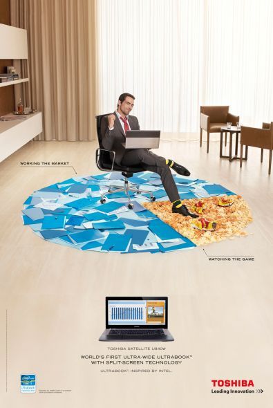 World's first ultra-wide ultrabook with split-screen technology - Toshiba. Clemenger BBDO, Sydney, Australia Technology Posters, Advertising Posters, Creative Advertising Campaign, Publicidad Creativa, Funny Ads, Marketing Director, Print Advertising, Advertising Poster, Creative Ads