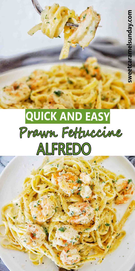 Fork holding prawn pasta above a white plate of the same. There is text written between 2 images. Prawn Alfredo Pasta, Cooked Prawn Recipes Easy, Prawn And Pasta Recipes, Prawn Recipes Pasta, Creamy Prawn Pasta Recipe, Prawn Ideas, Prawn Fettucine, Creamy Prawn Linguine, Creamy Prawn Pasta