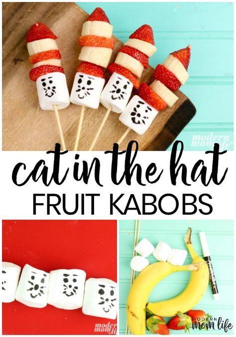 How to make Dr. Seuss Cat in the Hat Fruit Kabobs. The perfect kids snack to celebrate Dr. Seuss's birthday on March 2nd! via @amodernmomlife Dr. Suess, Dr Seuss Snacks, Fruit Kabobs Kids, Fruit Kabob, Dr Seuss Preschool, Fruit Hat, Kids Food Crafts, Dr Seuss Activities, Dr Seuss Crafts