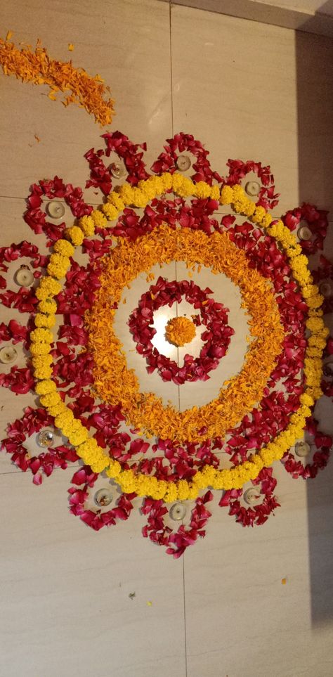 Rangoli done with the flowers#marigold and #rose decor at home Marigold Rangoli, Marigold Flower Rangoli, Marigold Flower Decoration, Flowers Marigold, Hanuman Hd, Daisy Party, Hanuman Hd Wallpaper, Rangoli Ideas, Flower Rangoli