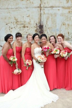 Watermelon colored strapless bridesmaids dresses | photography by http://www.whiteboxweddings.com/ Bridal Party Dress Ideas, Strapless Bridesmaids Dresses, Blue Bridal Party, Party Dress Ideas, Contemporary Art Museum, Iron Lanterns, Bridesmaids Dresses, The Pretty, All Saints