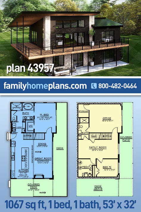 Modern Hillside House Plan With Huge Deck (Plan 43957) 3 Bedroom Walkout Basement House Plans, Small Hillside House, Lake House Plans With Walkout Basement, Daylight Basement House Plans, Walkout Basement House Plans, Modern Hillside House, House Plans With Loft, Hillside Homes, Contemporary Floor Plans