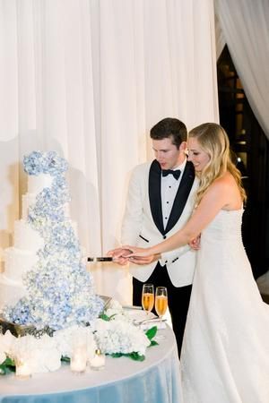 Dusty Blue Wedding Hydrangea, White Blue Wedding Cake, Blue Hydrangea Wedding Cake, Blue Hydrangea Cake, White And Blue Wedding Cake, Dusty Blue Wedding Cake, Coastal Blue Wedding, Blue And White Wedding Cake, Blue Willow Wedding