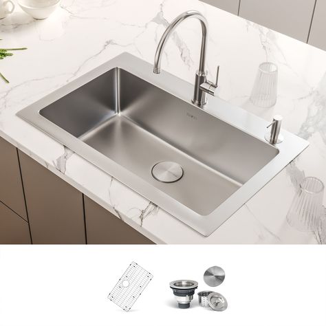 The Modena collection from Ruvati combines large rectangular shape sinks with gently curved inside corners and edges for a perfect combination of form and function. The sloped bottom of the sink ensures perfect water drainage, and the curved insider corners make it easy to clean. The sink comes with decorative drain cover that hides the drain while allowing water and waste to flow through freely. This neat design makes the Modena sink a perfect fit for the everyday kitchen Ruvati Modena Drop-in Tall Pantry Cabinet, Blind Corner Cabinet, Top Mount Kitchen Sink, Drain Cover, Wall Hung Toilet, Toilet Tank, Tub Filler, One Piece Toilets, Tub Faucet