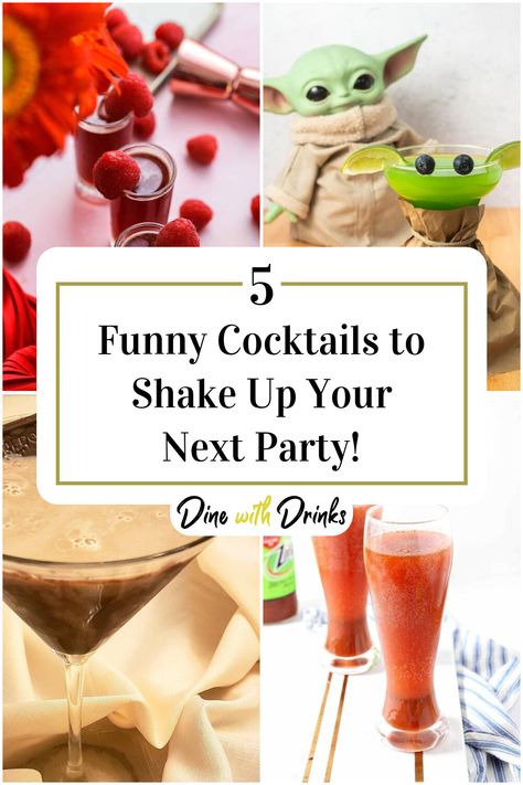 Collage of 4 funny cocktails. Night In With Friends, Funny Cocktails, Good Drinks, Coctails Recipes, Cocktail Pitcher, Sweet Cocktails, Themed Drinks, Cocktail Night, Anniversary Funny