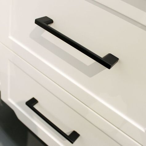 Modern Industrial Kitchen, Black Cabinet Hardware, Black Drawer Pulls, Broom Closet, White Shaker Cabinets, Kitchen Pulls, Black Cabinet, Chrome Faucet, Farmhouse Kitchen Design