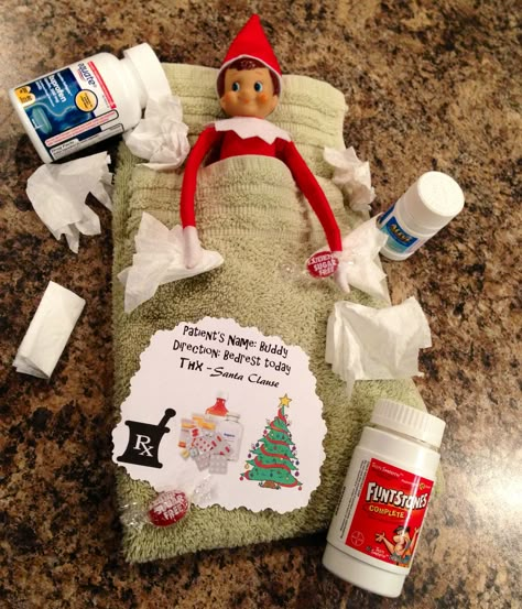 Even our elf has come down with 'the crud.' It's bed rest for Buddy.. Santa's orders! ;) Elf On The Shelf Feel Better, Elf On The Shelf Bed Ideas, Elf Pajama Ideas, Elf On The Shelf Ideas For Sick Kids, Elf On The Shelf Bed, Elf Sleepover, Elf On The Shelf Bring Pajamas, First Night Elf On The Shelf Ideas Kids, Elf Bringing Pajamas