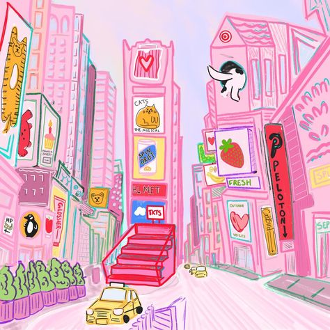 NYC in Pink Prints available @saltairecollective ✨✨ . . #nyc #nycinpink #ellyinpink #nycillustrator #nyclandmarks #empirestate #grandcentral #nypl Times Square Illustration, Pink Illustration Aesthetic, New York Illustration Art, Nyc Illustration, Nyc Drawing, New York Illustration, Pink New York, New York Runway, Pink Store