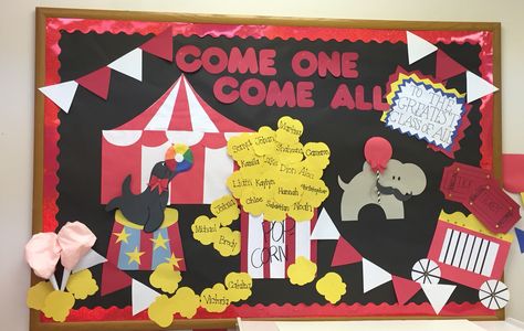 Circus themed Bulletin Board! Circus Theme Bulletin Boards Preschool, Carnival Bulletin Board Ideas Classroom, Clown Bulletin Board Ideas, Christian Circus Theme, Greatest Showman Bulletin Board, Circus Theme Bulletin Board Ideas, Circus Hallway Decorations, Carnival Theme Bulletin Board Ideas, Circus Theme Bulletin Boards