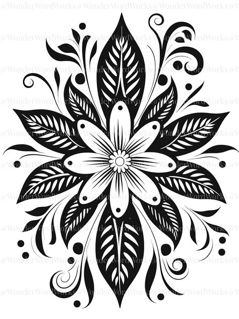 This coloring book features high quality, detailed and varied designs of flowers, leaves and indigenous motifs. It offers a range of coloring options, from roses and sunflowers to mandalas and tribal patterns. Coloring is a great way to relax, reduce stress and express creativity. This coloring book provides therapeutic benefits of coloring flowers and motifs for adults. Woodburning Ideas Design Patterns, Folk Art Coloring Pages, Mandala Tattoo Drawing, Mandala Floral Tattoo Design, Mandala Floral Tattoo, Floral Motifs Design, Russian Flowers, Tattoo Design Stencil, Aztec Flower