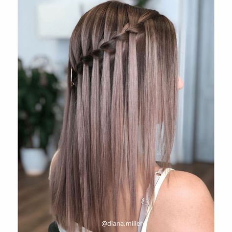 Braided Hairstyles Waterfall, Braided Hairstyles On Straight Hair, Waterfall Braid Front View, Waterfalls Hairstyle, Hairstyles In Straight Hair, Prom Straight Hairstyles, Hairstyle On Straight Hair, Hair Styles With Straight Hair, Long Straight Hair Hairstyles