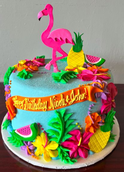 #flamingo #flower #hawaii #watermelon #pineapple #hibiscus #floral #blue #birthday #cute Flamingo Birthday Cake, Flower Hawaii, Flamingo Flower, Birthday Cute, Tropical Flamingo, Flamingo Birthday, Blue Birthday, Birthday Cakes, Hibiscus