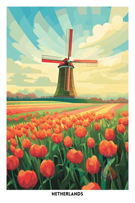 Europe Landscape Painting, Posca Inspiration, Netherlands Illustration, Tulip Fields Netherlands, Netherlands Poster, Poster Examples, Tulips Field, Dutch Culture, Typographic Poster Design