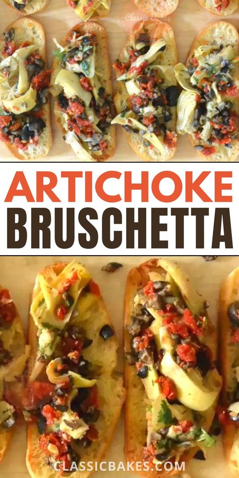 Sun Dried Tomato Bruschetta, Types Of Bruschetta, Olive Bruschetta Recipe, Artichoke Bruschetta Recipes, Recipes With Marinated Artichoke Hearts, Marinated Artichoke Recipes, Tuscan Appetizers, Marinated Artichoke Hearts Recipes, Bruschetta Artichoke