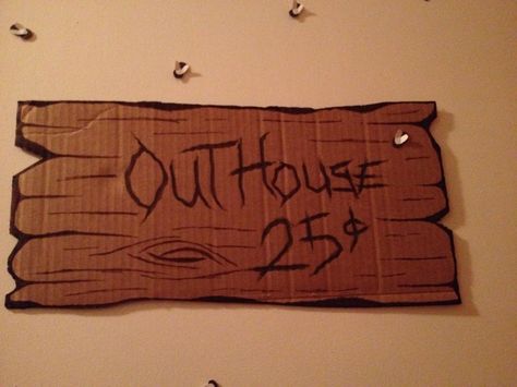 Camping themed birthday party "outhouse .25" bathroom sign with flies Outhouse Diy, Diy Outhouse, Bathroom Signs Diy, Outhouse Ideas, Outhouse Signs, Camping Themed Birthday Party, Hillbilly Party, Dorm Themes, Camping Theme Birthday Party