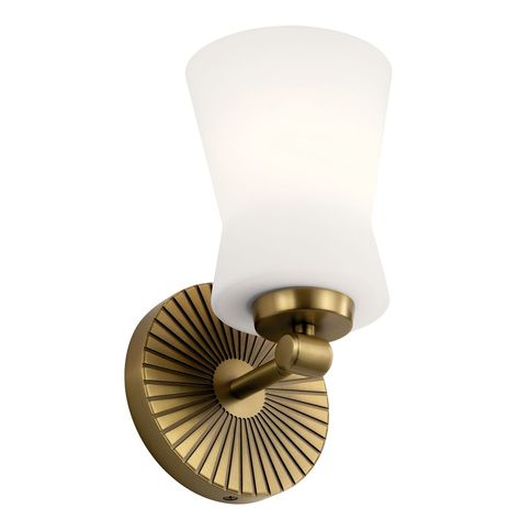 Brianne™ 9.5" 1 Light Wall Sconce with Satin Etched Cased Opal Glass Brushed Natural Brass Indoor Wall Sconces, Kichler Lighting, Brass Bathroom, How To Clean Metal, Modern Wall Sconces, Retro Lighting, Vintage Vanity, Wall Fans, Small Wall