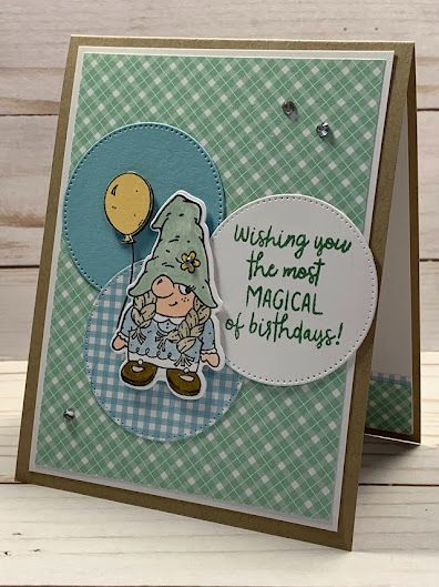 Su Friendly Gnomes, Kindness Gnomes, Friendly Gnomes, Kindest Gnomes, Gnome Cards, Stampin Up Birthday Cards, Easter Cards Handmade, Girl Gnome, Yellow Balloons