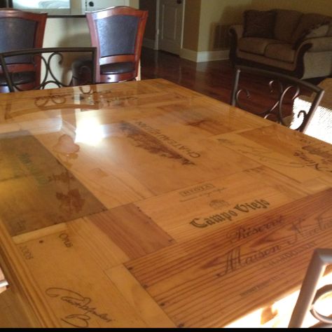 Wine box table my husband made for me with a bar top epoxy finish. Wine Box Table, Wine Box Shelves, Wine Crate Table, Wine Crate Paneling, Bar Top Epoxy, Crate Bar, Wine Crates, Crate Table, Pub Tables