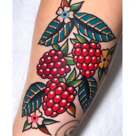 Ryan McDonald on Instagram: “Raspberries for Olivia” Tattoos 2023, Tattooed Lady, Care Bear Tattoos, Fruit Tattoo, Traditional Tattoo Inspiration, Food Tattoos, Tattoo Filler, Wicked Tattoos, Traditional Tattoo Sleeve