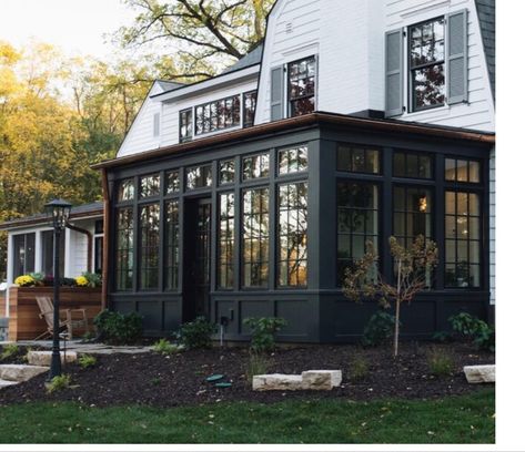 Great Room Extension, Front Porch Mudroom Addition, Sunroom Wrap Around Porch, Built In Sunroom, Arched Home Exterior, Build A Sunroom On A Budget, Enclosed Front Porch Ideas Entrance, Sunroom Entryway Ideas, Black Sunroom