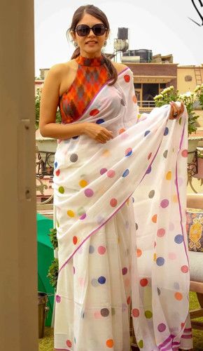 Vibrant and stylish intricate multi-colored polka dot cotton saree Polka Dot Saree, Dots Outfit, Khadi Saree, Polka Dots Outfit, White Saree, Saree Design, Satin Saree, Cotton Sarees, Traditional Sarees