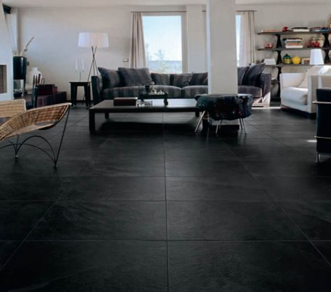 Downstairs Lounge flooring  MALINE TILE Lea_ Storm (Darkstorm) Black Tiles Bedroom, Black Tiles Floor Living Room, Bedroom Floor Tiles, Metallic Tiles, Modular Bedroom, Tiles Living Room, Architectural Concrete, Tile Floor Living Room, Black Floor Tiles