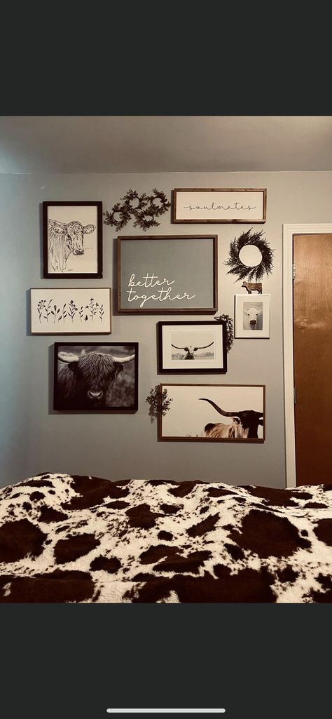 Cow Decor For Bedroom, Cow Print Bedroom Ideas Farmhouse, Cow Themed Room Decor, Cow Bedroom Decor Farmhouse Style, Western Accent Wall Bedroom, Western Theme House Decor, Highland Cow Bedroom Ideas, Grey Western Bedroom, Western Teenage Girl Bedroom