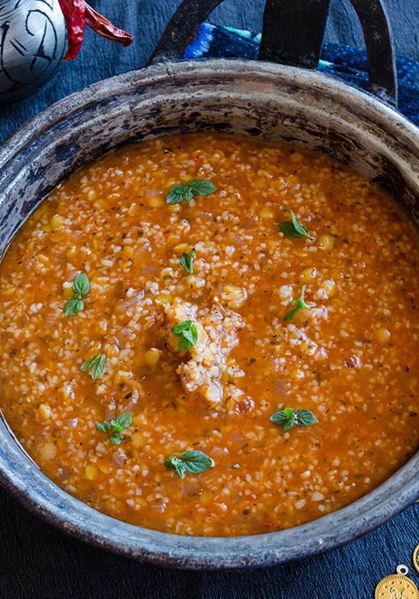 Lentil and bulgur soup with dried mint and chili - from Giverecipe.com - blogger is Turkish - talks about customs and family memories that go along with food Bulgur Lentil Recipes, Syrian Lentil Soup, Turkish Red Lentil Soup Recipes, Turkish Lentil Soup, Middle Eastern Lentil Soup Recipe, Bulgur Soup, Bulgur Wheat Recipes, Soup Lentil, Syrian Recipes